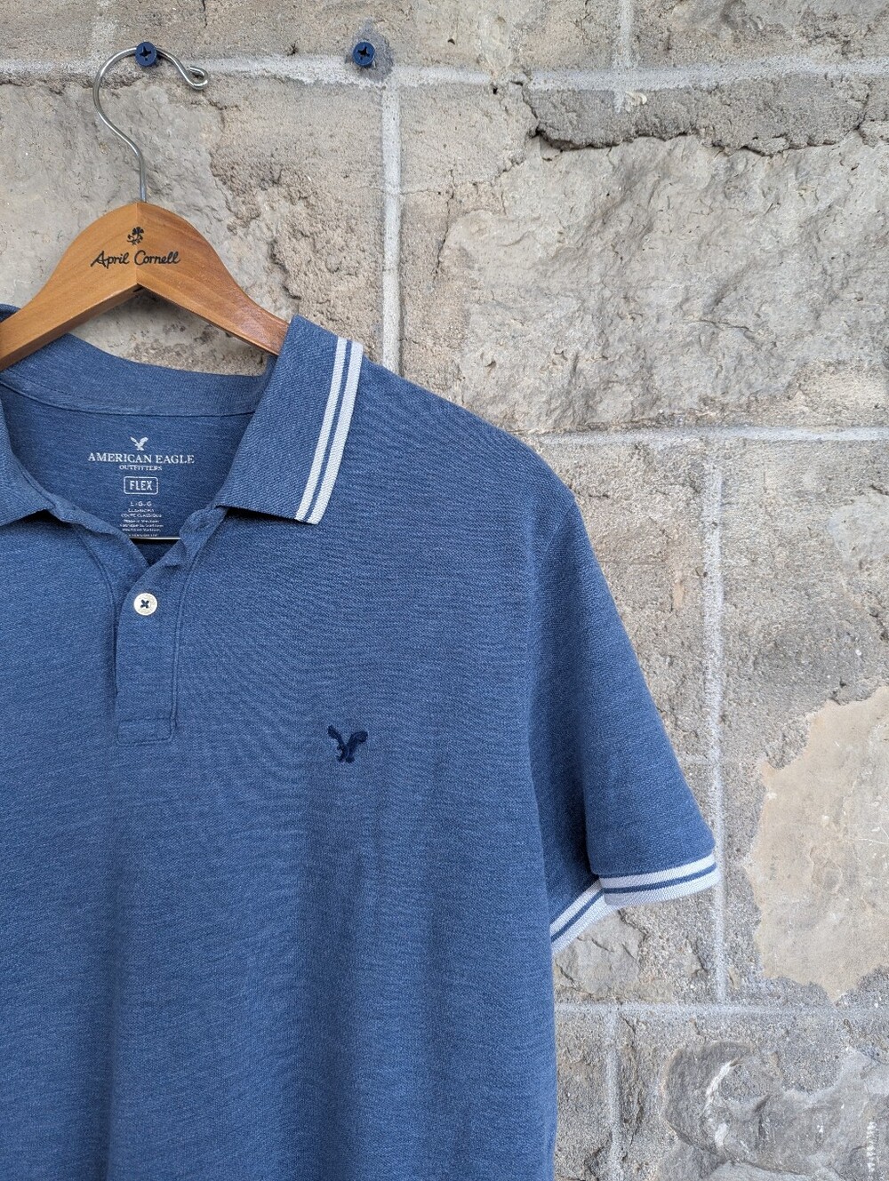 Large Y2K American Eagle Polo Shirt Cotton Blend Casual Preppy Heathered Blue